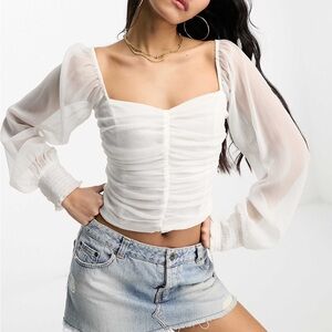 Hollister white chiffon long sleeve ruched top in white Size S